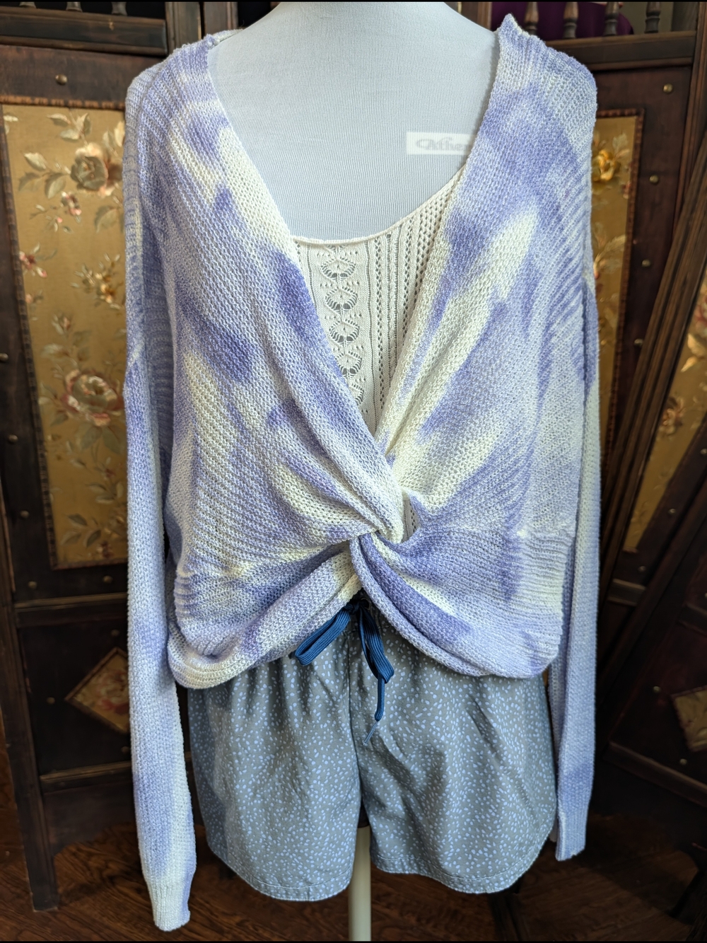 AndtheWhy Lightweight Front Twist Purple Tie Dye Knit Sweater Cover Up Beach